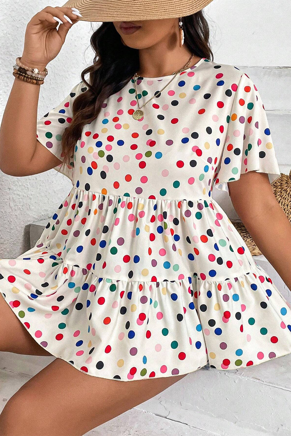 Beige Colorful Polka Dot Print Short Sleeve Ruffled Plus Size Babydoll Blouse