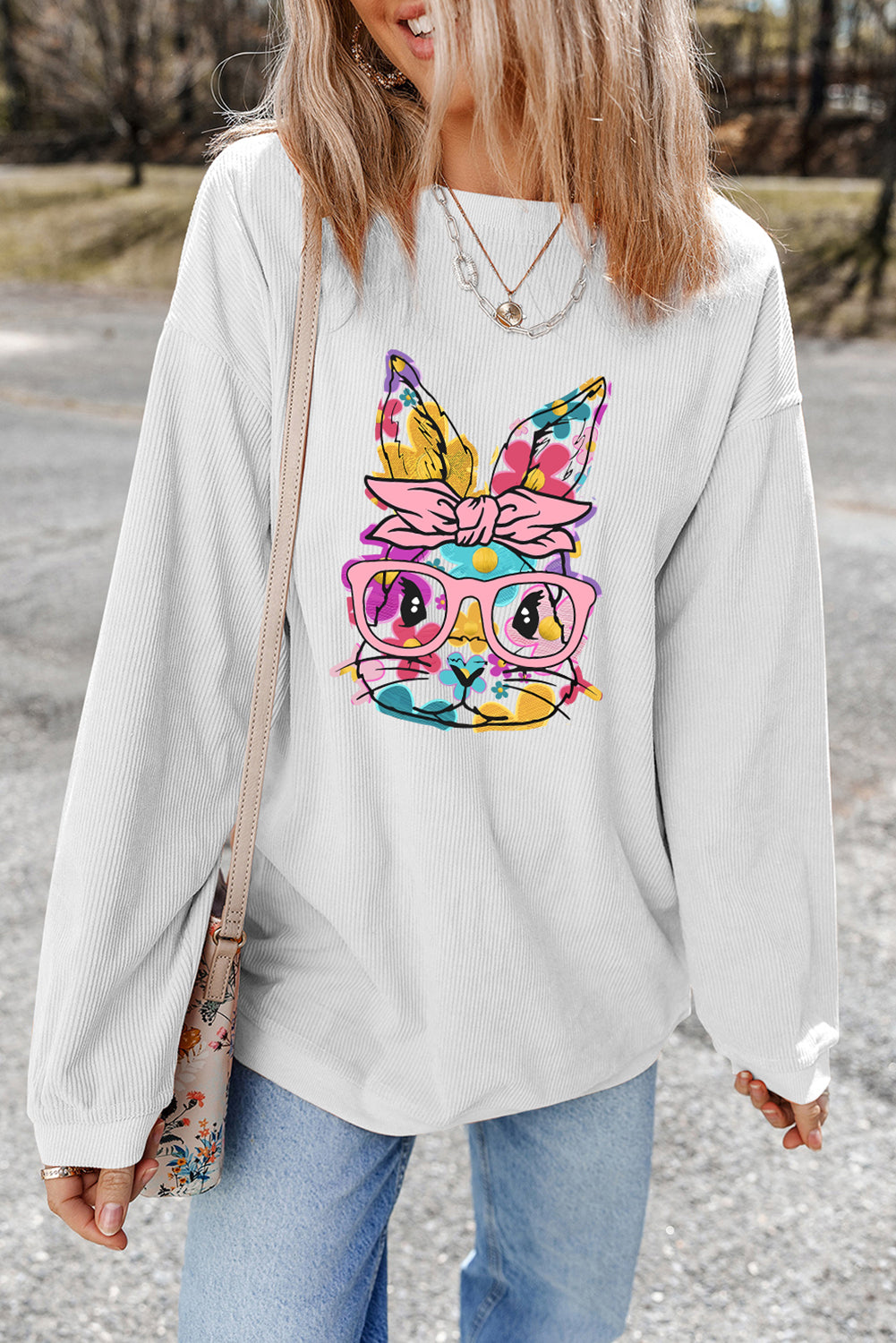 White Floral Rabbit with Glasses Graphic Corded Easter Sweatshirt