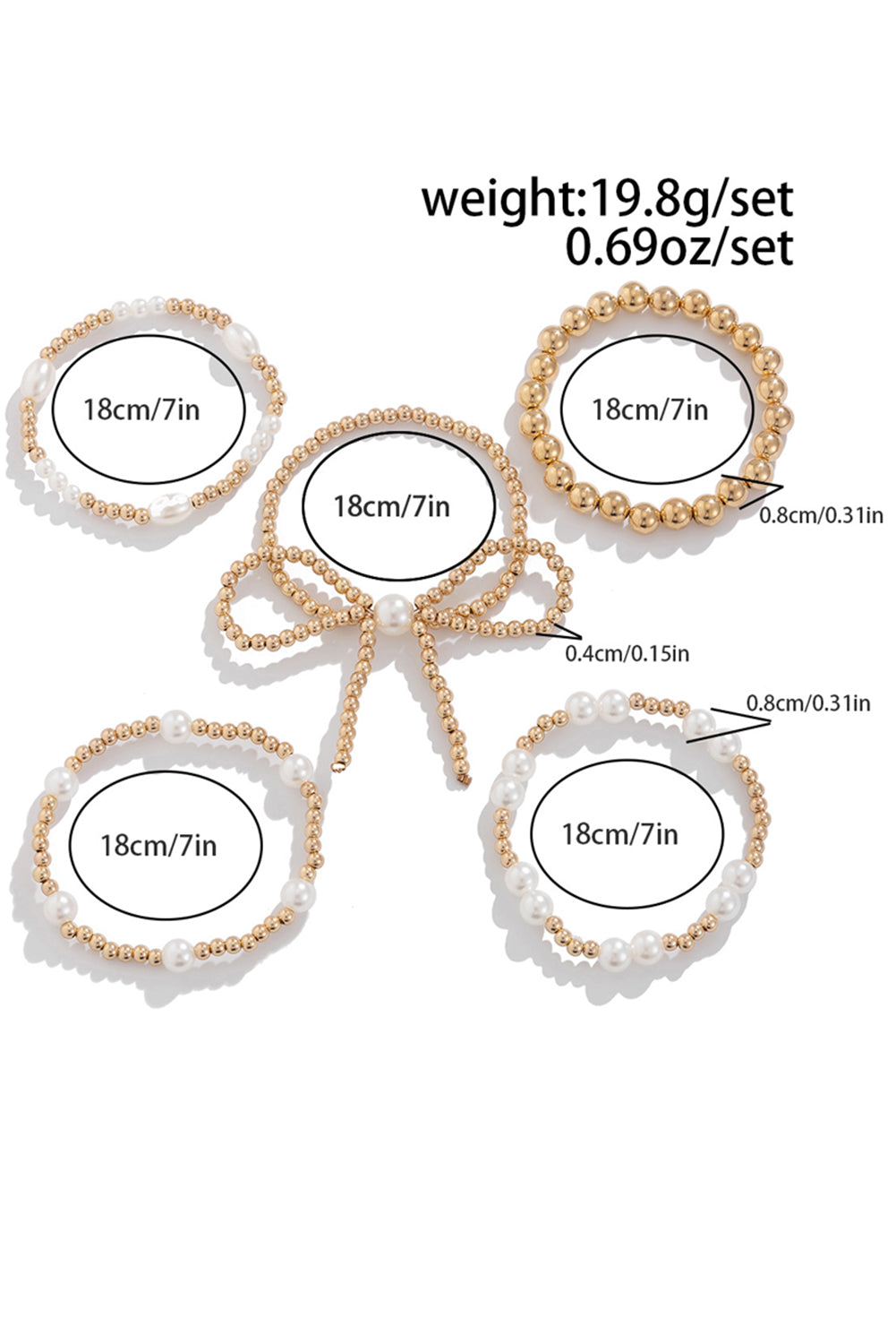 Conjunto de pulseras de varias capas con nudo de lazo dorado y cuentas de perlas