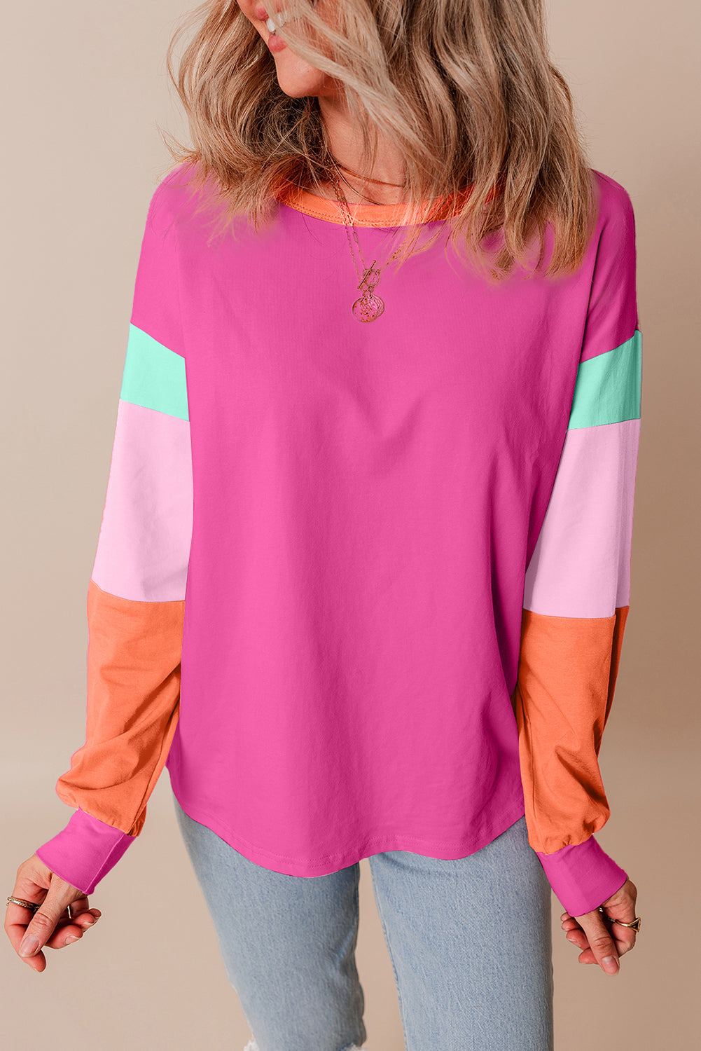 Rose Red Colorblock Patchwork Long Sleeve Loose Top