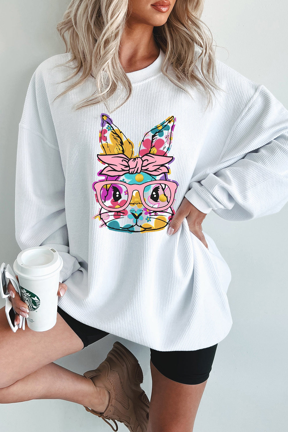 White Floral Rabbit with Glasses Graphic Corded Easter Sweatshirt