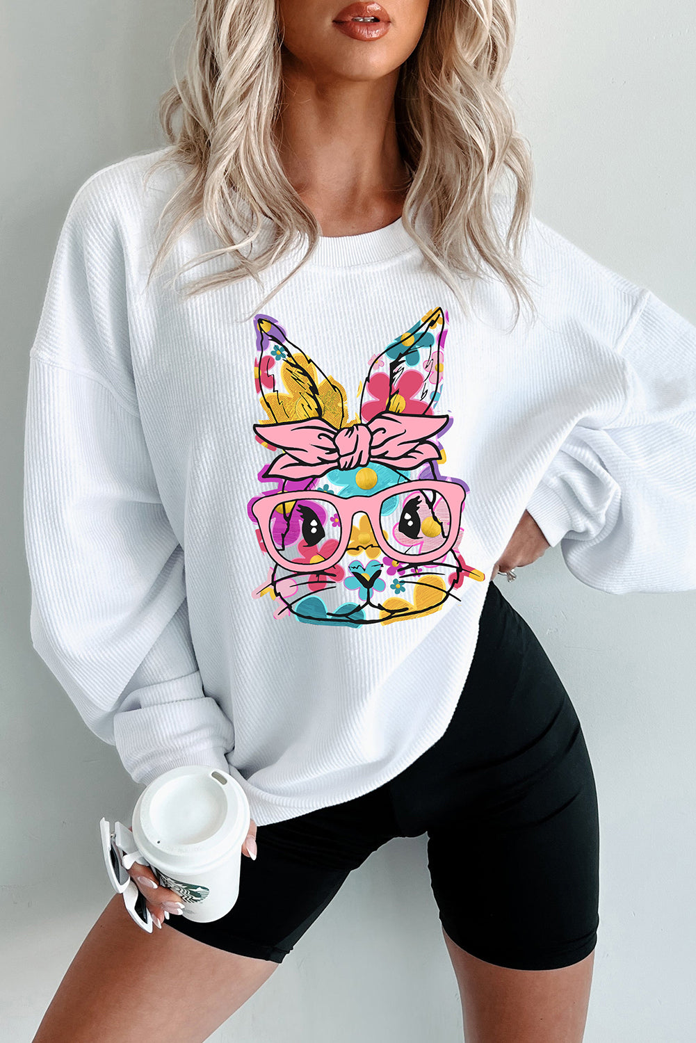 White Floral Rabbit with Glasses Graphic Corded Easter Sweatshirt