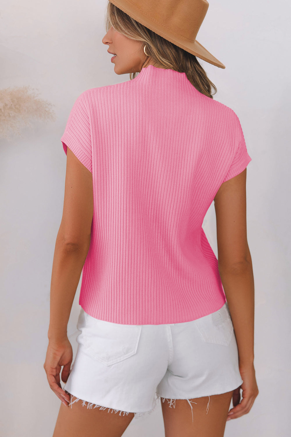 Pink Patch Pocket Ribbed Knit Short Sleeve Sweater