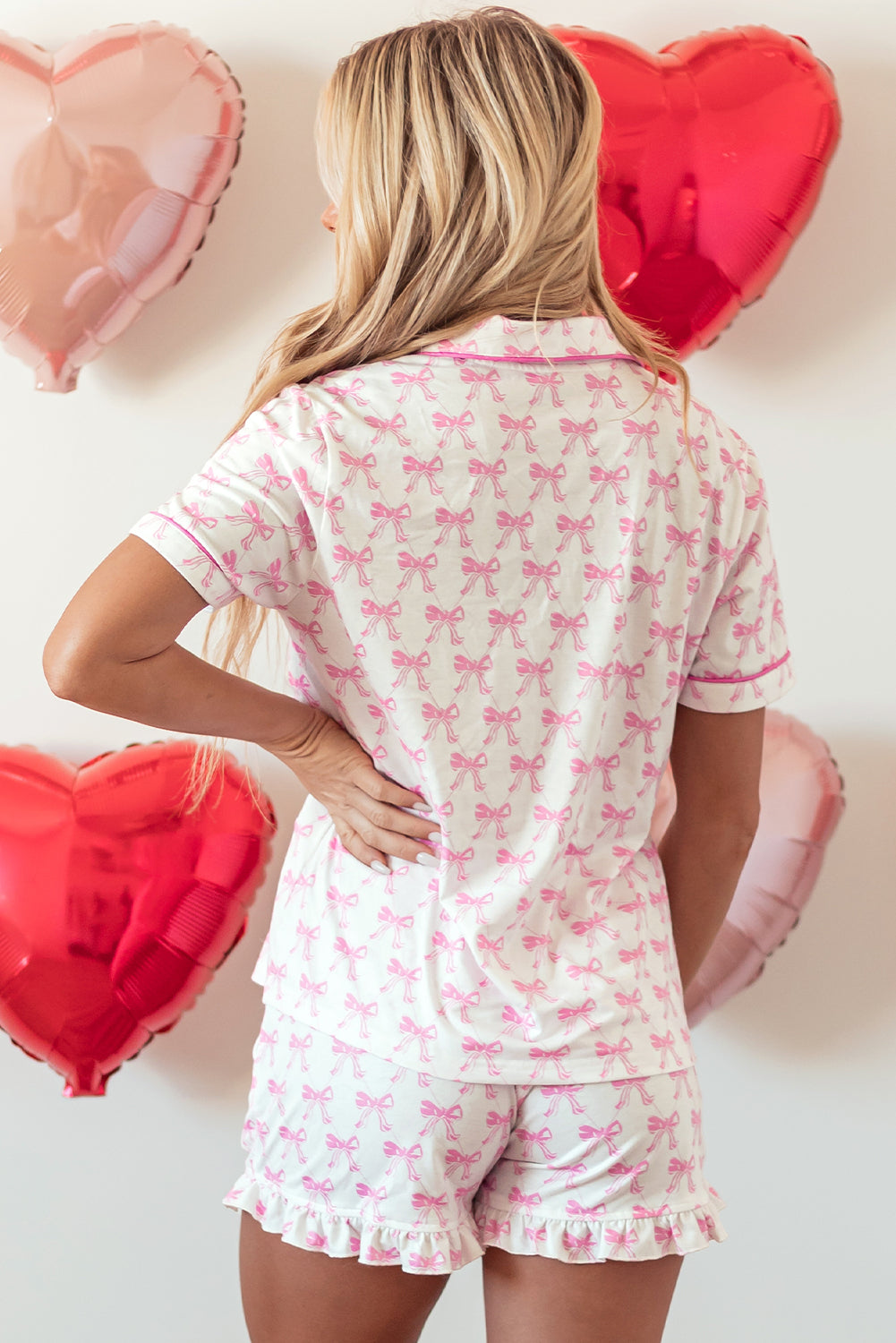 Pink Bowknot Printed Short Sleeve and Ruffled Shorts Pajama Set