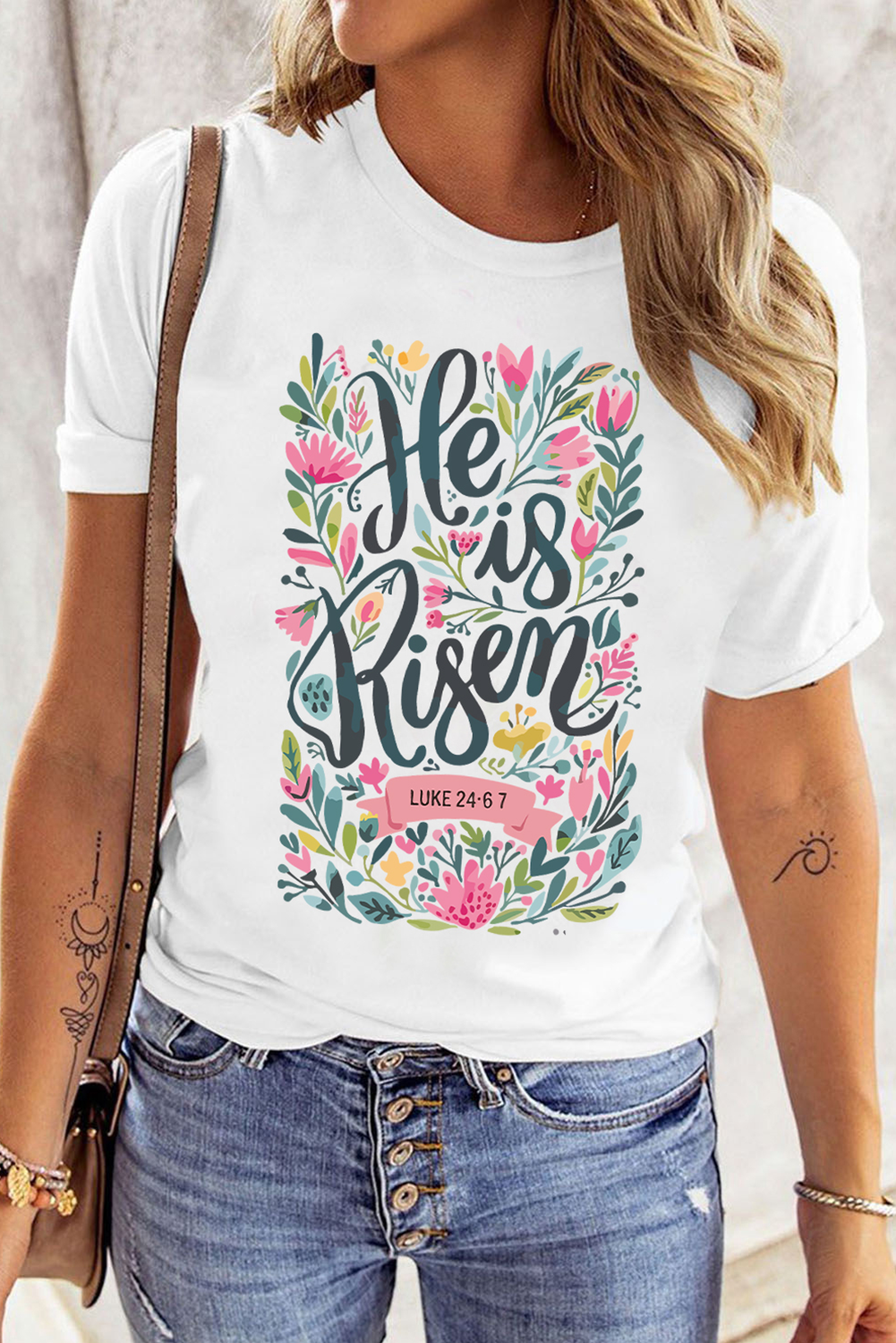 White He is Risen Floral Printed T Shirt