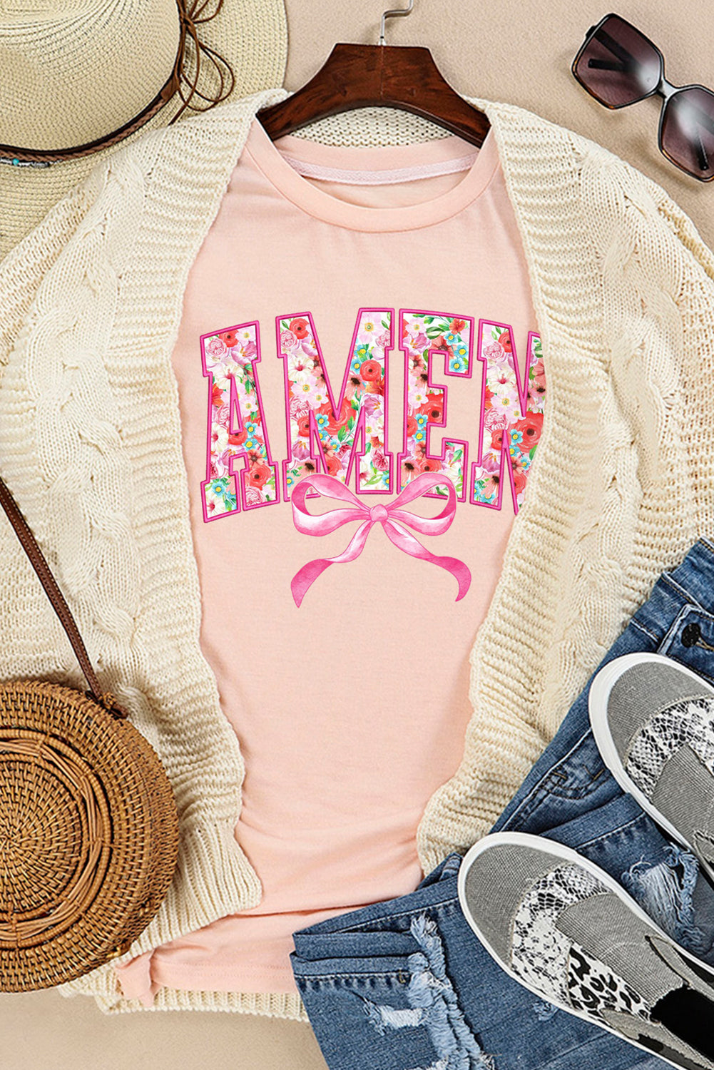 Pink Floral AMEN Bow Graphic Crewneck T Shirt