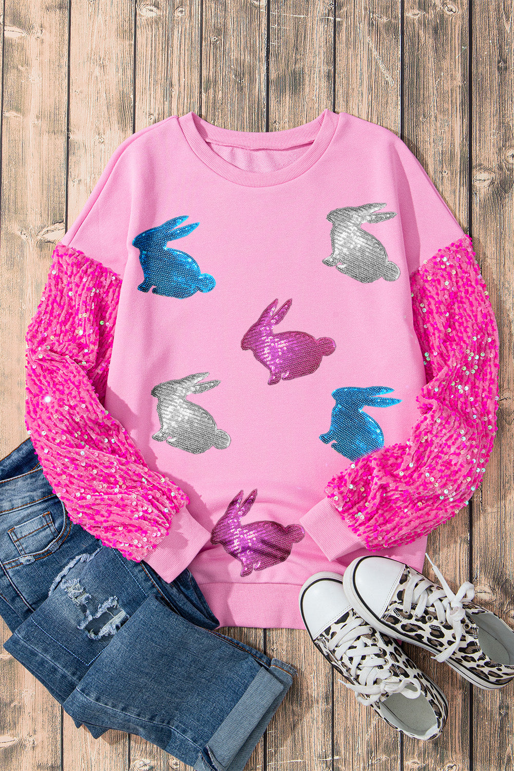 Pink Easter Bunny Patched Graphic Sequin Long Sleeve Top