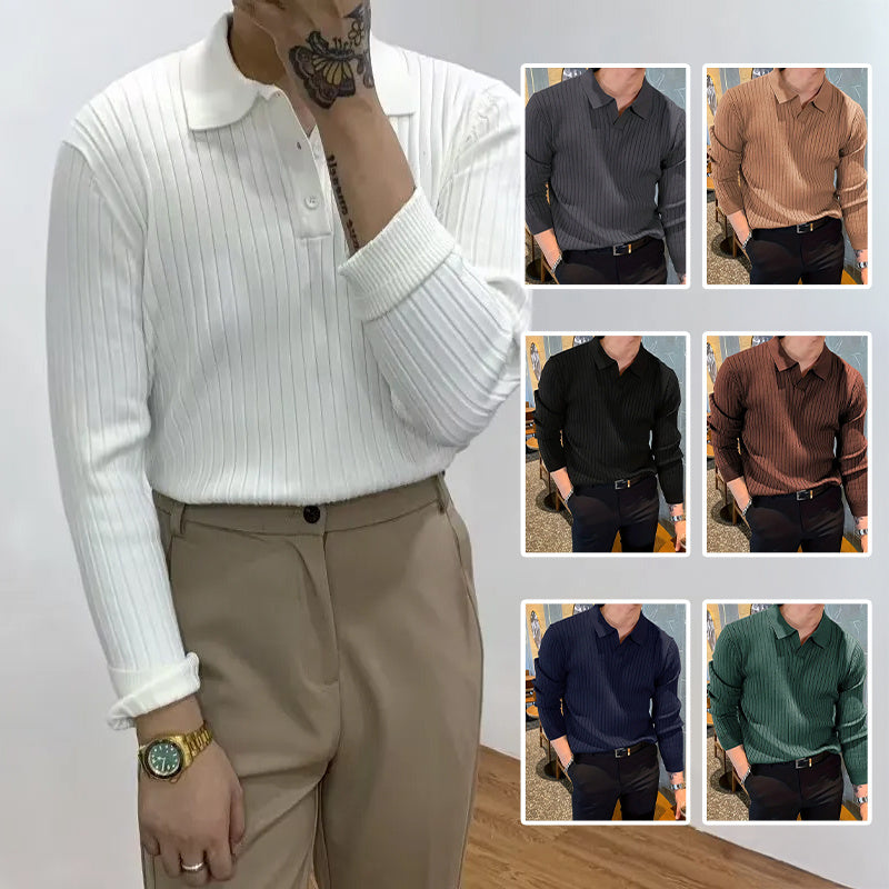 Lapel Texture Stretch Slim Knit Polo Shirt Men Polo Shirt Fashion Waffle Long-sleeved Tops Clothing Casual Comfortable Golf Men's Clothing