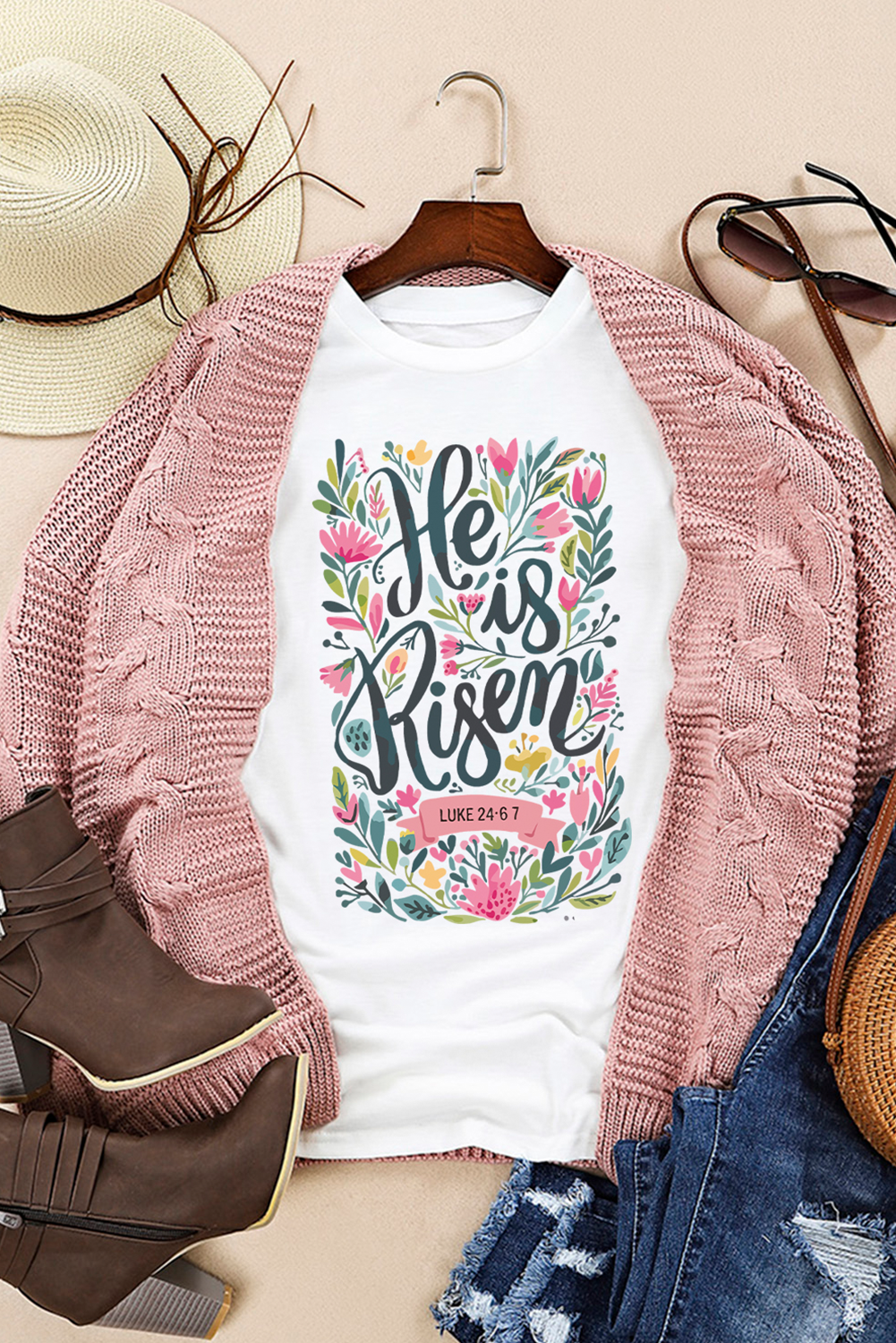 White He is Risen Floral Printed T Shirt