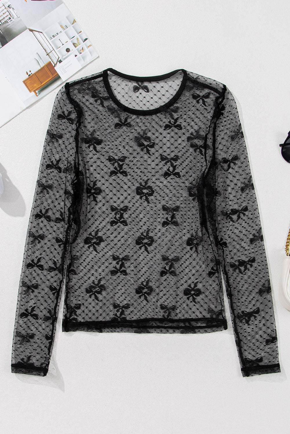 Black Dotted Bow Pattern Mesh Long Sleeve Top