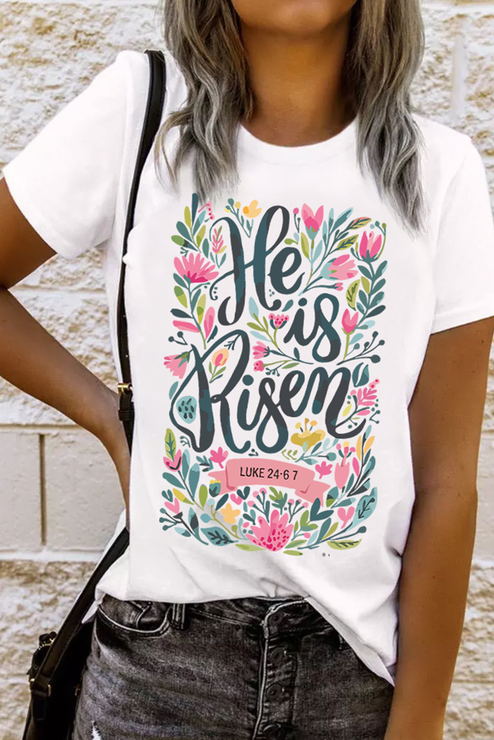 White He is Risen Floral Printed T Shirt