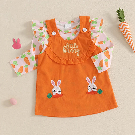 Toddler Baby Girl Easter Outfit Carrot Ruffle Long Sleeve Romper Overall Dress 2 Piece Spring Set