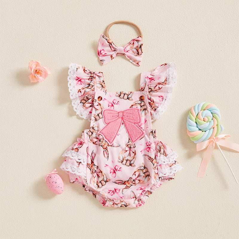 Girls Easter Outfits Floral Embroidery Bunny Print Ruffle Trim Romper with Matching Headband 2 Piece Set