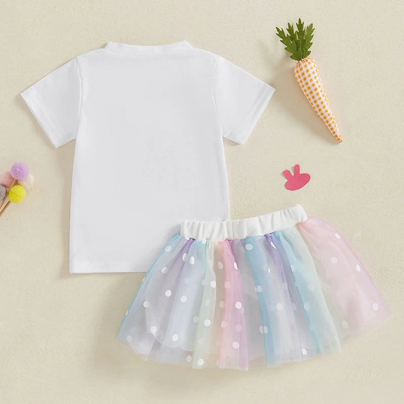 Adorable Baby Girl Easter Outfit with Bunny Embroidery and Polka Dot Tulle Skirt - 2 Piece Set for Spring Celebrations