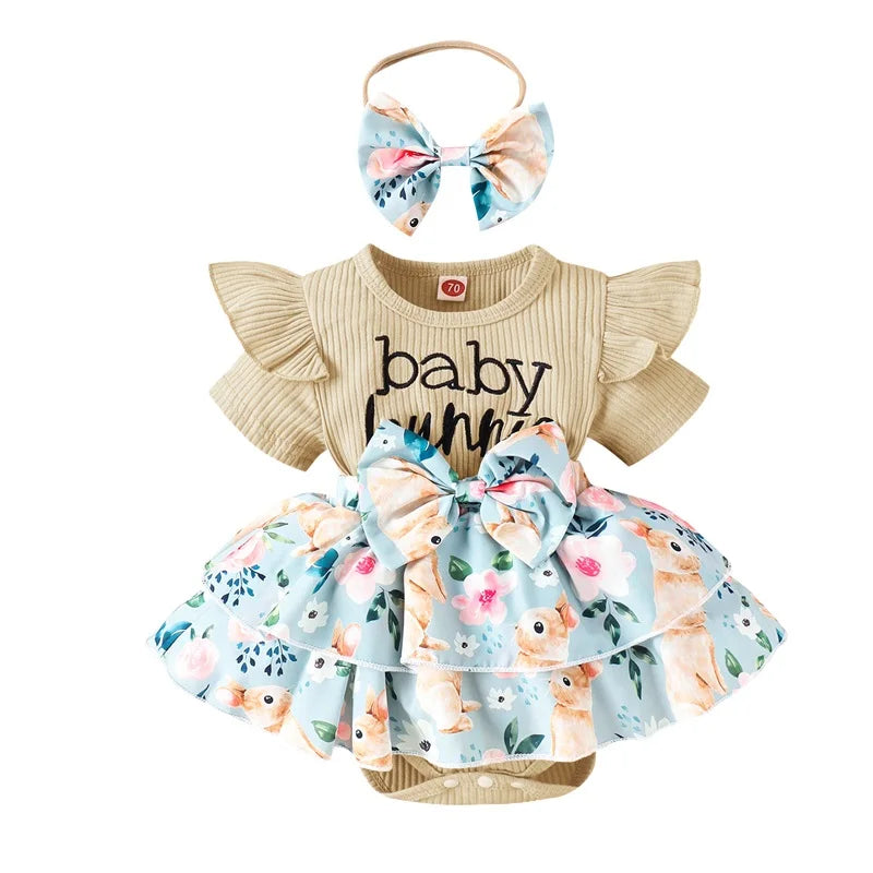 Girl Easter Outfit with Bunny Print Romper Dress and Matching 3D Bow Flower Headband - 2 Piece Set