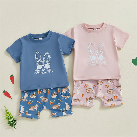 Kids Baby Girls Boys Easter Outfits Short Sleeve Bunny Print T-Shirts Tops and Shorts Toddler 2 Piece Clothes Sets 3M-3T