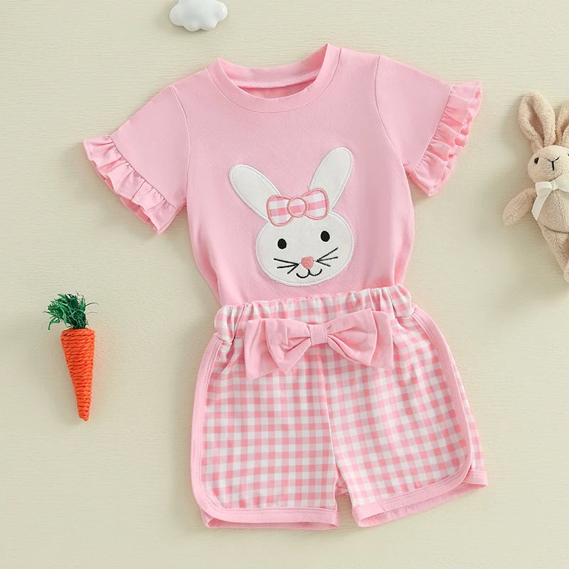 Toddler Girls Easter 2 Piece Outfits Short Sleeve Bunny Embroidery Tops Plaid Shorts Sets