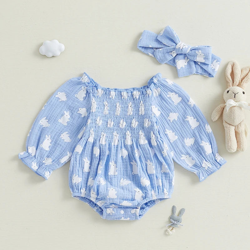 Baby Girls Easter Romper Bunny Print Smocked Long Sleeve Jumpsuits and Cute Headband 2 Pieces Set for Toddler Infant Outfits