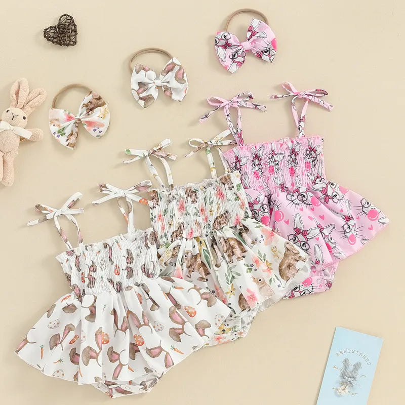 Girl Bodysuit Easter Outfits Sleeveless Tie Up Bunny Flower Print Romper Dress 3D Bow Headband 2 Piece Set