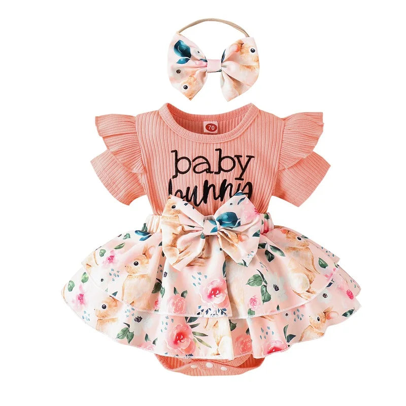 Girl Easter Outfit with Bunny Print Romper Dress and Matching 3D Bow Flower Headband - 2 Piece Set