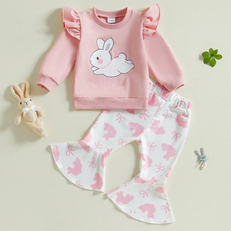 Girls Easter Outfits Bunny Print Ruffles Long Sleeve Sweatshirt and Elastic Flare Pants 2 Piece Set