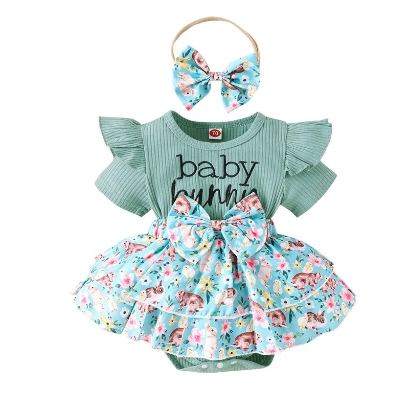 Girl Easter Outfit with Bunny Print Romper Dress and Matching 3D Bow Flower Headband - 2 Piece Set