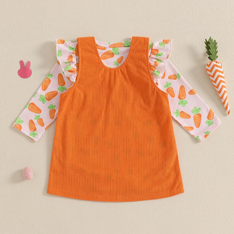 Toddler Baby Girl Easter Outfit Carrot Ruffle Long Sleeve Romper Overall Dress 2 Piece Spring Set