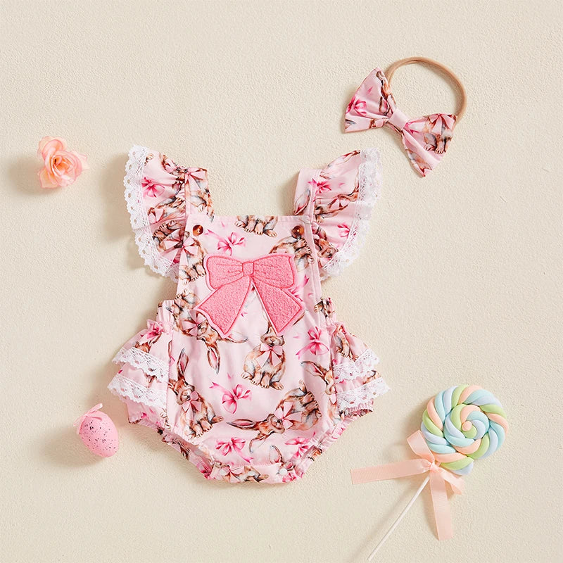 Girls Easter Outfits Floral Embroidery Bunny Print Ruffle Trim Romper with Matching Headband 2 Piece Set