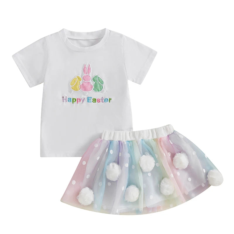 Adorable Baby Girl Easter Outfit with Bunny Embroidery and Polka Dot Tulle Skirt - 2 Piece Set for Spring Celebrations