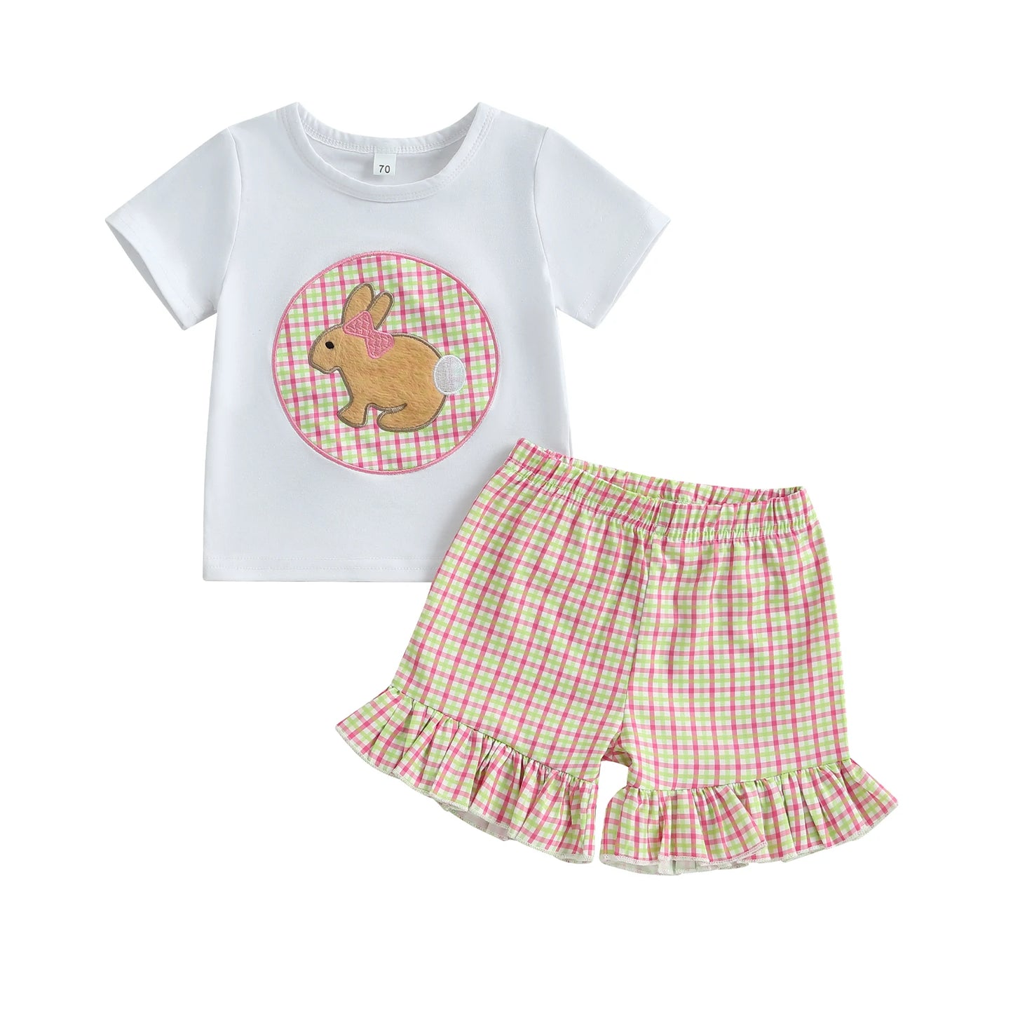 Baby Toddler Girl Easter Outfit Bunny Embroidery Short Sleeve T-shirts Plaid Ruffle Shorts 2 Piece Set