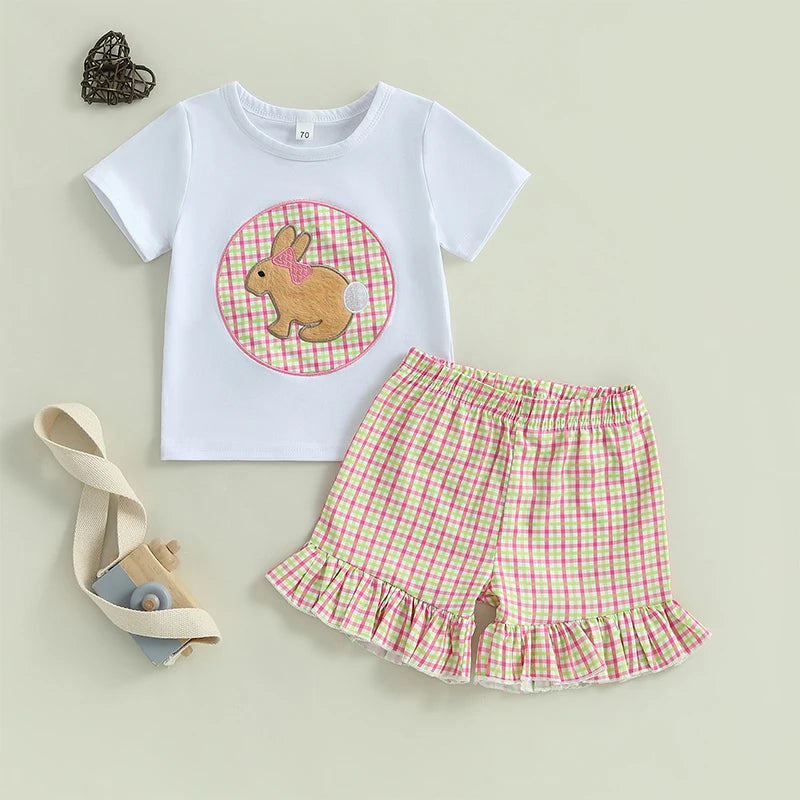 Baby Toddler Girl Easter Outfit Bunny Embroidery Short Sleeve T-shirts Plaid Ruffle Shorts 2 Piece Set