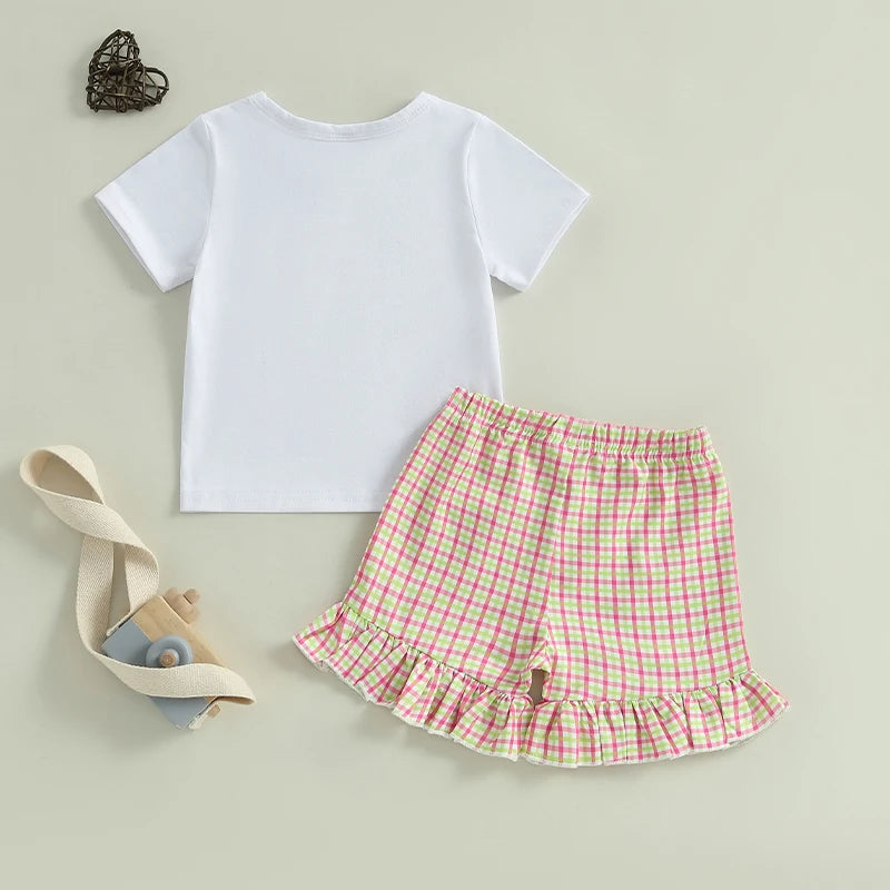 Baby Toddler Girl Easter Outfit Bunny Embroidery Short Sleeve T-shirts Plaid Ruffle Shorts 2 Piece Set