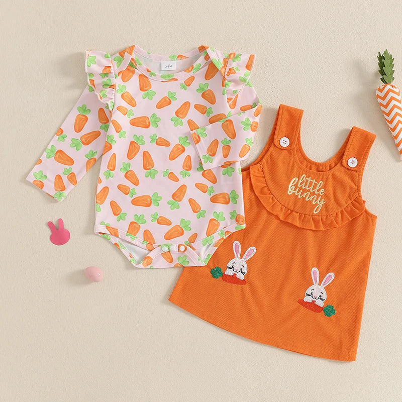 Toddler Baby Girl Easter Outfit Carrot Ruffle Long Sleeve Romper Overall Dress 2 Piece Spring Set