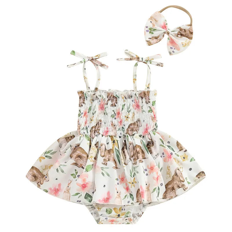 Girl Bodysuit Easter Outfits Sleeveless Tie Up Bunny Flower Print Romper Dress 3D Bow Headband 2 Piece Set