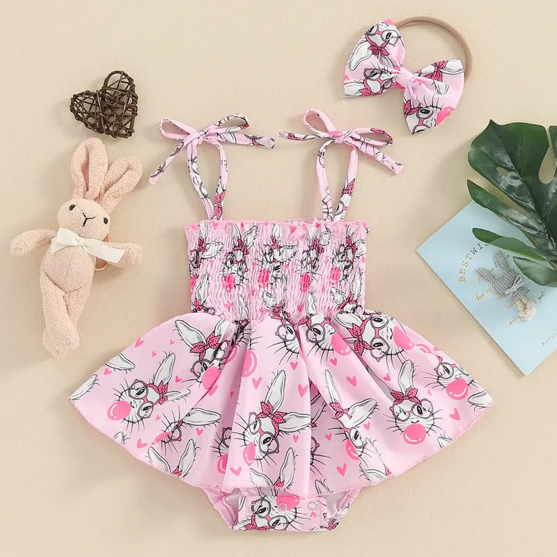 Girl Bodysuit Easter Outfits Sleeveless Tie Up Bunny Flower Print Romper Dress 3D Bow Headband 2 Piece Set