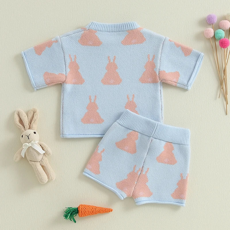 Toddler Girls Easter Outfit Bunny Print Knitted Short Sleeves T-Shirt and Elastic Shorts Set Cute 2 Piece Clothes