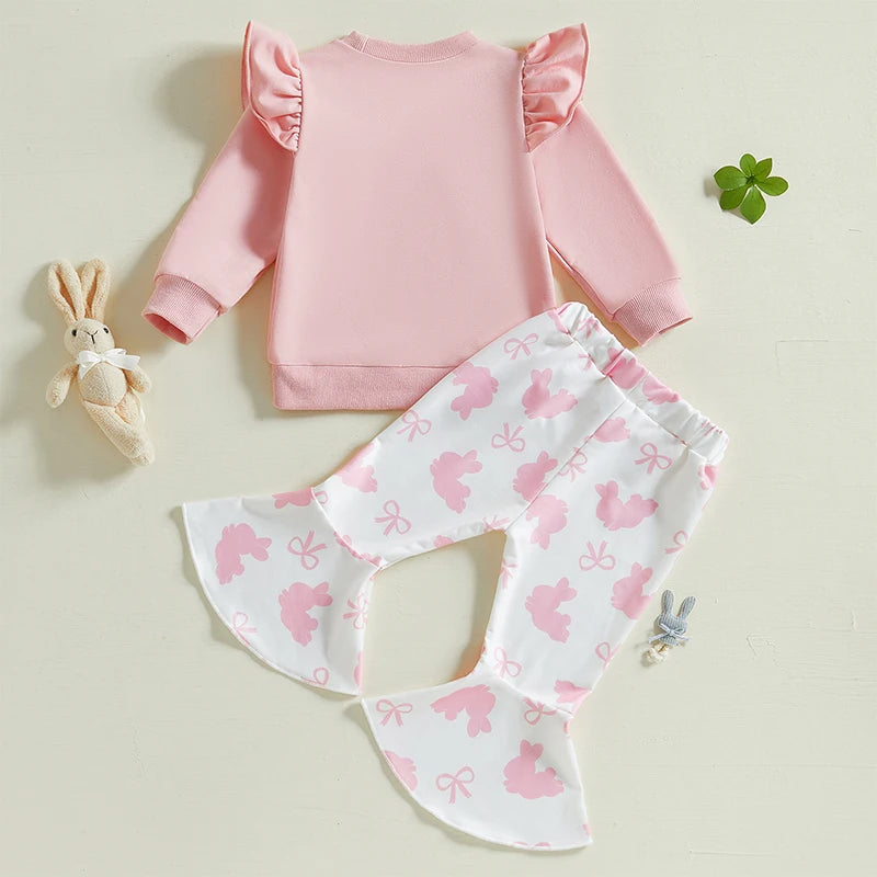 Girls Easter Outfits Bunny Print Ruffles Long Sleeve Sweatshirt and Elastic Flare Pants 2 Piece Set