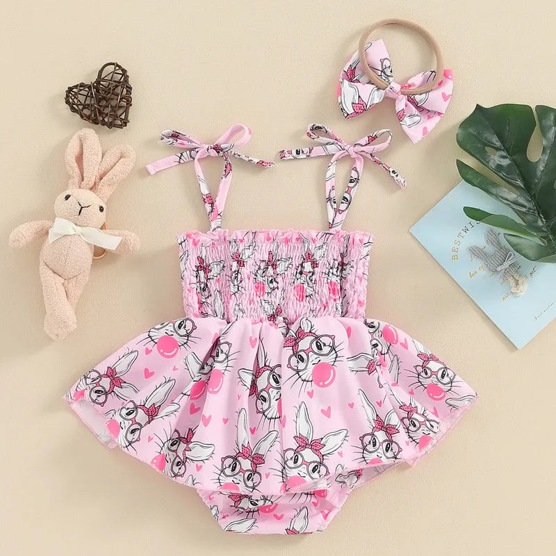 Girl Bodysuit Easter Outfits Sleeveless Tie Up Bunny Flower Print Romper Dress 3D Bow Headband 2 Piece Set