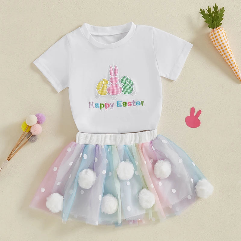 Adorable Baby Girl Easter Outfit with Bunny Embroidery and Polka Dot Tulle Skirt - 2 Piece Set for Spring Celebrations