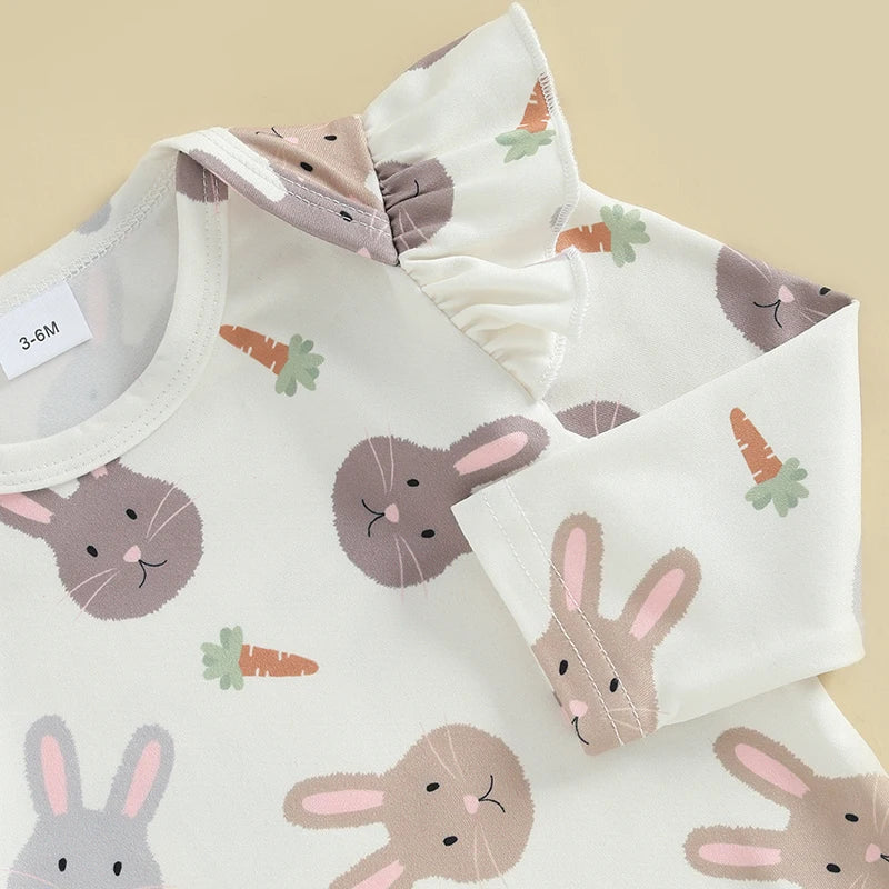 Toddler Baby Girl Easter Outfit Bunny Print O Neck Ruffle Long Sleeve Romper Overall Dress 2 Piece Spring Set