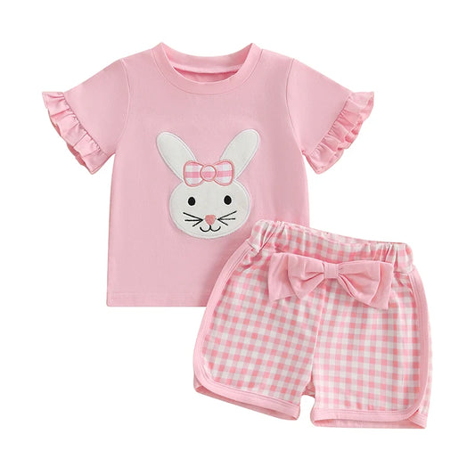 Toddler Girls Easter 2 Piece Outfits Short Sleeve Bunny Embroidery Tops Plaid Shorts Sets