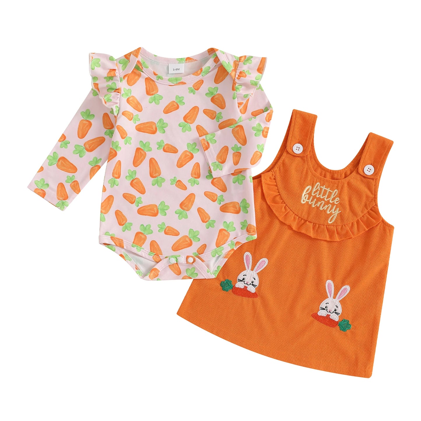 Toddler Baby Girl Easter Outfit Carrot Ruffle Long Sleeve Romper Overall Dress 2 Piece Spring Set