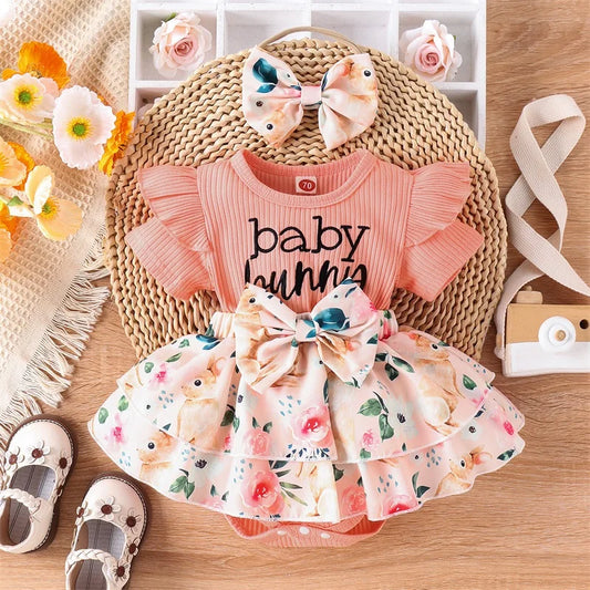 Girl Easter Outfit with Bunny Print Romper Dress and Matching 3D Bow Flower Headband - 2 Piece Set