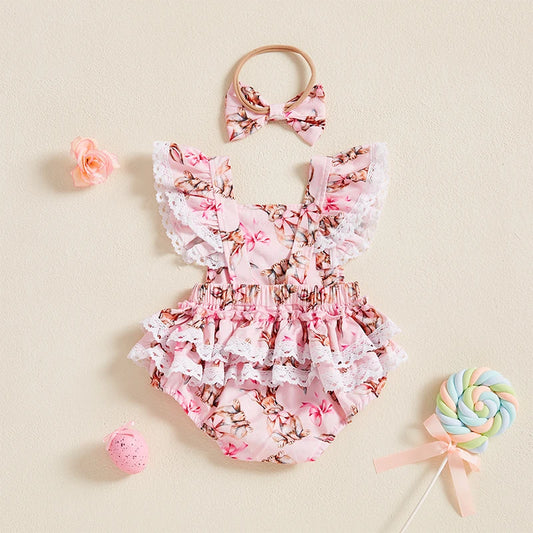 Girls Easter Outfits Floral Embroidery Bunny Print Ruffle Trim Romper with Matching Headband 2 Piece Set