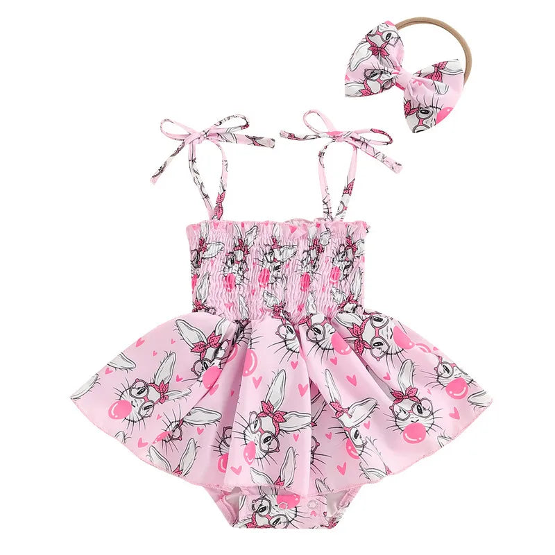 Girl Bodysuit Easter Outfits Sleeveless Tie Up Bunny Flower Print Romper Dress 3D Bow Headband 2 Piece Set