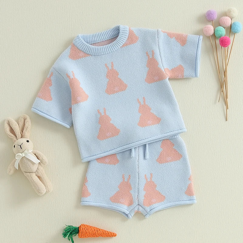 Toddler Girls Easter Outfit Bunny Print Knitted Short Sleeves T-Shirt and Elastic Shorts Set Cute 2 Piece Clothes