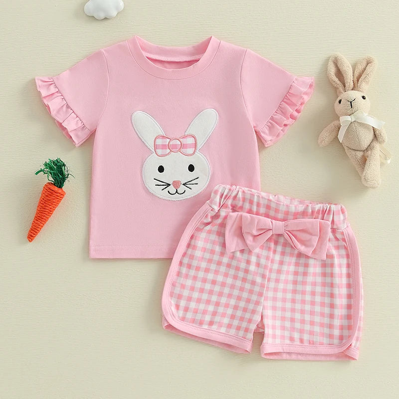 Toddler Girls Easter 2 Piece Outfits Short Sleeve Bunny Embroidery Tops Plaid Shorts Sets