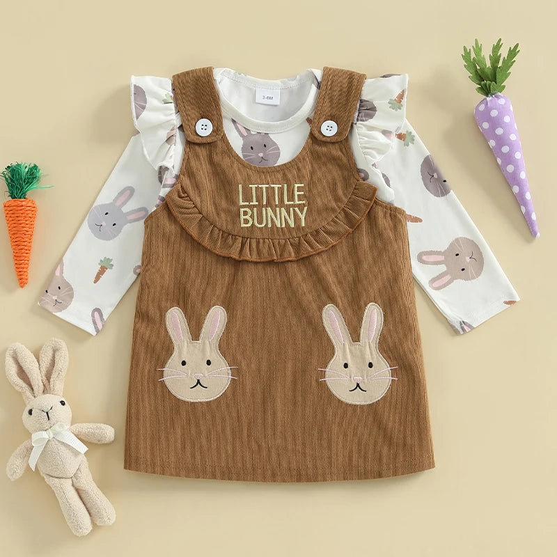 Toddler Baby Girl Easter Outfit Bunny Print O Neck Ruffle Long Sleeve Romper Overall Dress 2 Piece Spring Set