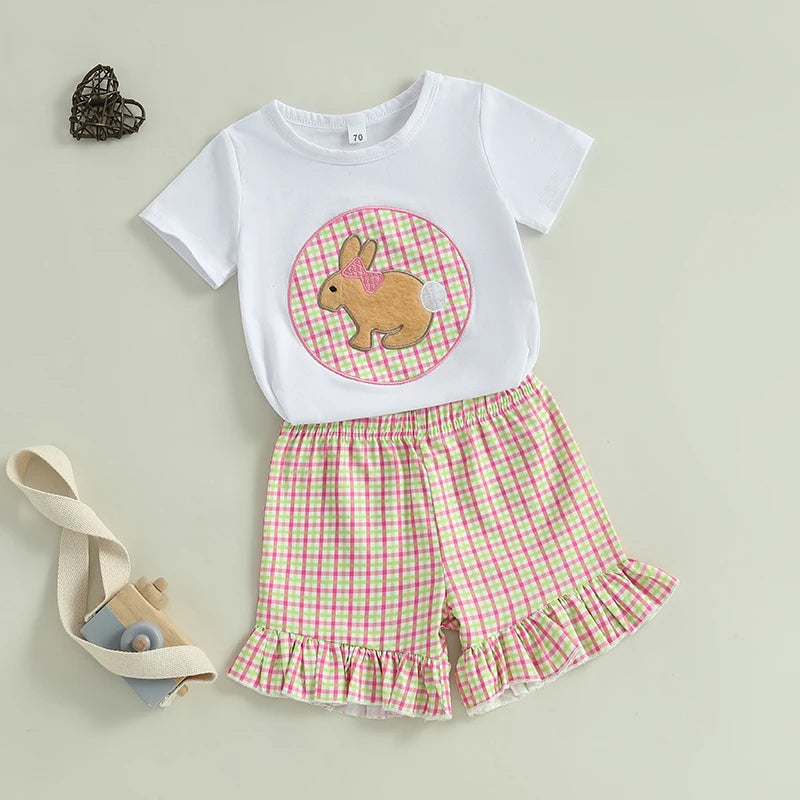 Baby Toddler Girl Easter Outfit Bunny Embroidery Short Sleeve T-shirts Plaid Ruffle Shorts 2 Piece Set