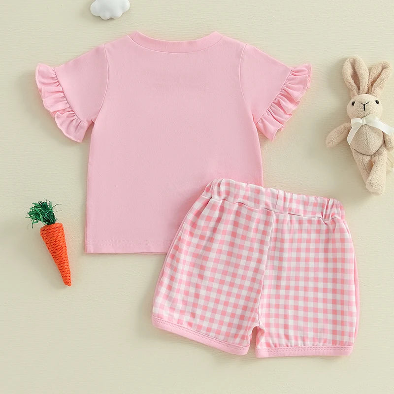 Toddler Girls Easter 2 Piece Outfits Short Sleeve Bunny Embroidery Tops Plaid Shorts Sets